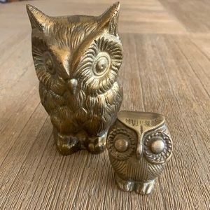 Vintage Set 2 Brass Owl Figurine Statue Distressed Home Decor Boho